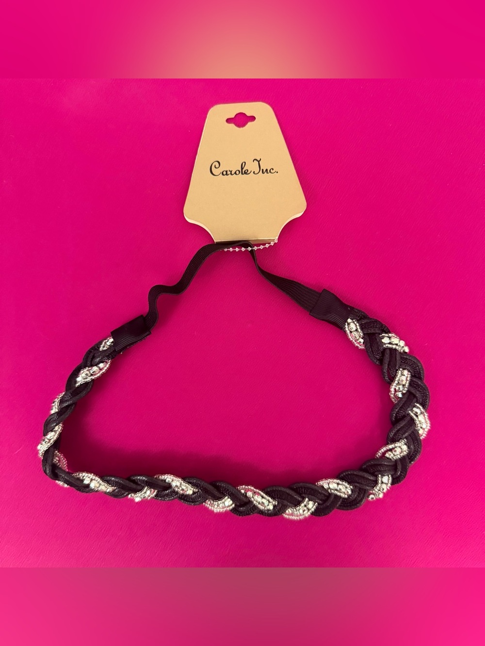 Black Braided Headband with Silver Beaded Details- Elastic Back OSFM